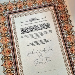 May include: A traditional Islamic marriage certificate with ornate borders in shades of red, gold, and black. The text reads "In the name of God, the Most Gracious, the Most Merciful" and includes a verse from the Quran. The certificate is signed by the bride and groom, "Samuel" and "Zarin Tasnim", and dated September 25, 2022.