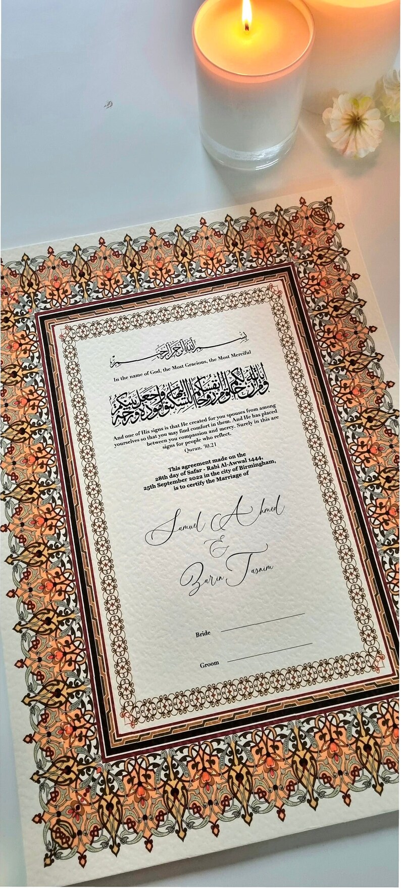 May include: A traditional Islamic marriage certificate with ornate borders in shades of red, gold, and black. The text reads "In the name of God, the Most Gracious, the Most Merciful" and includes a verse from the Quran. The certificate is signed by the bride and groom, "Samuel" and "Zarin Tasnim", and dated September 25, 2022.
