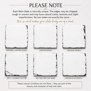 May include: Six square rock slate coasters arranged in two rows. Text reads: PLEASE NOTE, Each Rock Slate is naturally unique. The edges may be chipped, rough or uneven and may have natural marks, textures and slight imperfections. No two slates are exactly the same - this is what makes your slate truly one of a kind. Labels include: NATURAL CHIPPED EDGES, UNEVEN EDGES, NATURAL MARKS, SPLIT / LAYERED TEXTURE, NO TWO ARE THE SAME, UNIQUE & AUTHENTIC. Bottom text: These natural variations are not flaws - they are part of the beauty and character of real rock slate.