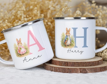 Taza de esmalte de conejo personalizada / Taza con nombre inicial personalizado / Taza infantil de conejo / Taza estilo Peter Rabbit / Taza con nombre de bebé / Regalo para niños