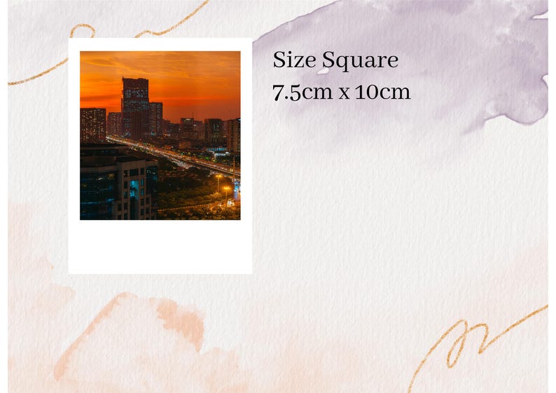 May include: A photograph of a city skyline at night. The image is framed in a white square with the text "Size Square 7.5cm x 10cm" printed below the image.