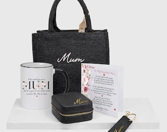 Set de regalo personalizado para mamá: taza personalizada, bolso de mano, joyero, llavero con clip y tarjeta personalizada para mamá.