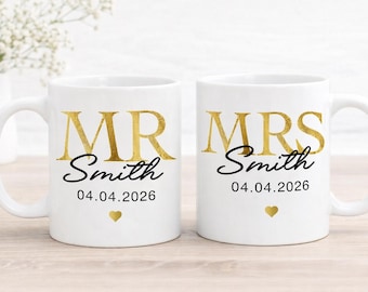 Juego de tazas personalizadas para Sr. y Sra. / Taza de regalo de boda / Taza con nombre y fecha personalizados / Regalo para novios / Regalo de aniversario / Taza de café para parejas