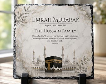 Personalised Umrah Mubarak Slate Plaque | Custom Umrah Gift | Islamic Kaaba Keepsake | Hajj & Umrah Congratulations Gift | Muslim Home Decor