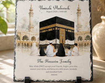 Personalised Umrah Mubarak Rock Slate | Family Umrah Gift | Islamic Home Decor | Kaabah Slate Plaque | Umrah Keepsake