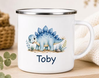 Personalised Dinosaur Enamel Mug | Blue Stegosaurus Mug | Children's Camping Mug | Custom Name Mug | Little Dino Friends Gift