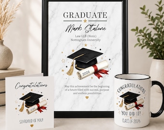 Personalised Graduation Gift Set | Graduation Mug, A4 Frame, Greeting Card | University Graduate Keepsake | Class of 2026 Gift