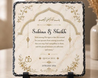 Personalised Islamic Wedding Rock Slate | Muslim Couple Gift | Nikkah Slate | Custom Wedding Plaque | Quran 30:21 | Anniversary Gift