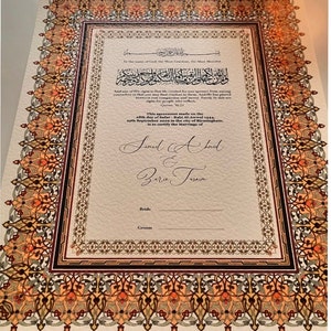 May include: A decorative Islamic marriage certificate with an ornate border in shades of orange, brown, and gold. The text reads "To the name of God, the Most Gracious, the Most Merciful." and "This agreement made on the 28th day of Safar - Rabi Al-Awwal 1444, 9th September 2022 in the city of Birmingham, is to certify the Marriage of Samad Ahmed & Zara Tasnim. Bride Groom."