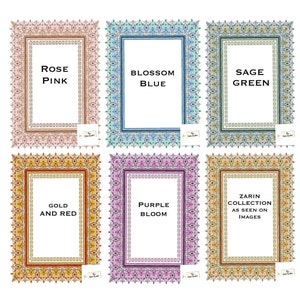 May include: Six ornate picture frames with different colored borders and decorative patterns. The frames are labeled with the following colors: Rose Pink, Blossom Blue, Sage Green, Gold and Red, Purple Bloom, and Zarin Collection as seen on images.