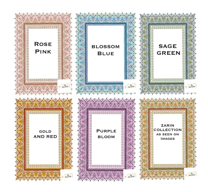 May include: Six ornate picture frames with different colored borders and decorative patterns. The frames are labeled with the following colors: Rose Pink, Blossom Blue, Sage Green, Gold and Red, Purple Bloom, and Zarin Collection as seen on images.