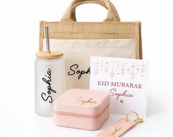 Set de regalo personalizado de Eid para ella / Caja de regalo de Eid Mubarak / Vaso con nombre personalizado, joyero, llavero y bolso de mano / Regalo de Eid para hija