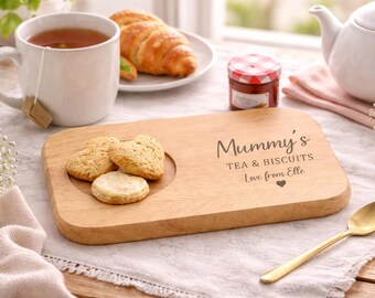 Tabla de té y galletas personalizada, bandeja de madera grabada a medida, regalo para mamá, regalo del Día de la Madre, regalo para amantes del té, tabla de desayuno