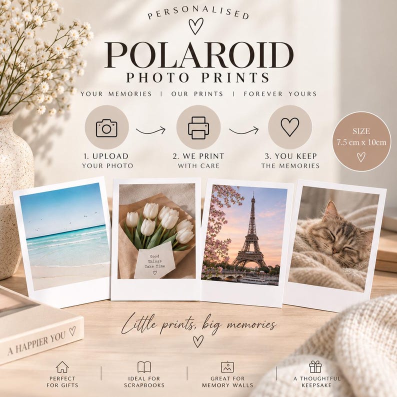 May include: Personalised Polaroid photo prints with a 7.5 cm x 10 cm size. The display shows four sample images: a beach, tulips, the Eiffel Tower, and a sleeping cat. Text includes 'Personalised Polaroid Photo Prints' and 'Little prints, big memories'.