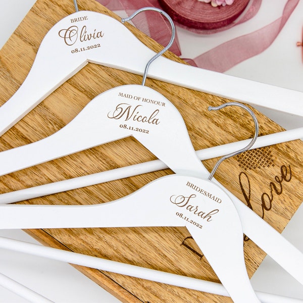 Personalised White Wooden Engraved Hangers | Bridal Shower Gift | Bride | Maid of Honour | Bridesmaid | Wedding Dress Hanger| Wedding date