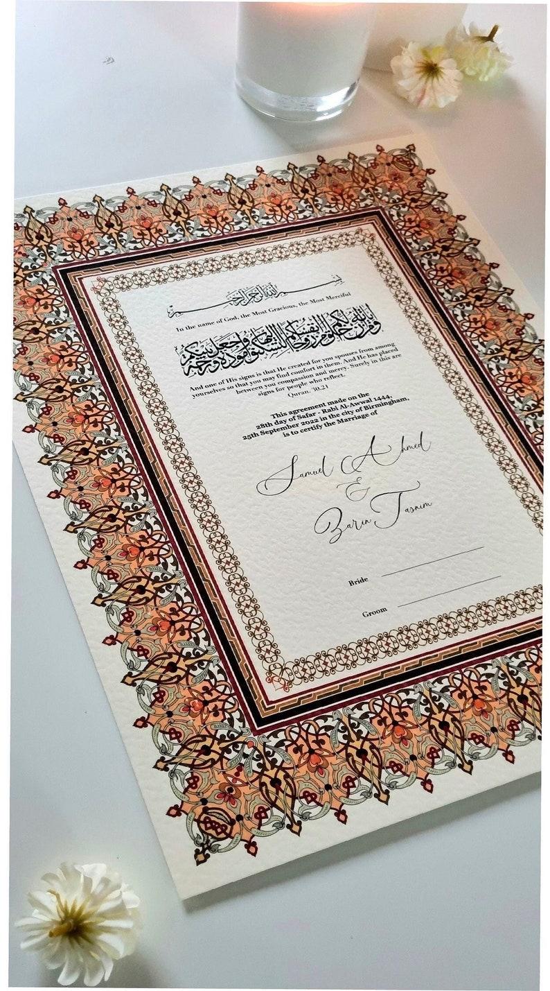May include: A decorative marriage certificate with an ornate border in shades of red, orange, and gold. The text reads "In the name of God, the Most Gracious, the Most Merciful." and includes a marriage agreement made on the 28th day of Safar, Rabi Al-Awwal 1444, 25th September 2022 in the city of Birmingham. The names Samuel Ahmed and Zarin Tasnim are written in elegant calligraphy.