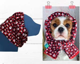 FLANNEL: Adjustable Dog Snood or Winter or Fall Dog Scarf in Paw Print Red Black Plaid- Protect Long Ears like Cavalier King Charles Spaniel
