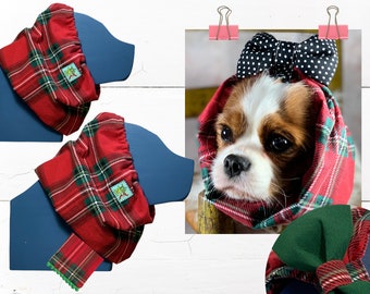 FLANNEL: Adjustable Dog Snood or Winter/Fall Dog Scarf in RED GREEN Christmas Plaid- Protect Long Ears like Cavalier King Charles Spaniel