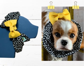 RESTOCKED Fabric, Adjustable Dog Snood: Protect Ears while Eating, Show Dogs / BLACKnWHITE BONES Snood / Cavalier King Charles Spaniel Snood