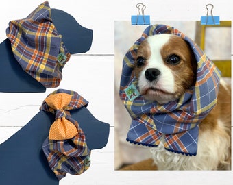 FLANNEL: Adjustable Dog Snood or Winter/Fall Dog Scarf in Light BLUE & ORANGE Plaid- Protect Long Ears like Cavalier King Charles Spaniel