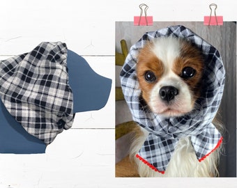 FLANNEL: Adjustable Dog Snood or Winter/Fall Dog Scarf in Black White Christmas Plaid- Protect Long Ears like Cavalier King Charles Spaniel