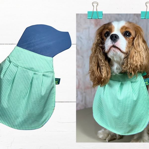 Reversible Dog Bib Slips on Collar- GREEN STRIPES Pleated Bib: Dog Drool Bibs Catch Drool, Soft & Raw Fed Dogs w/ Dog Drool a Drool Rag