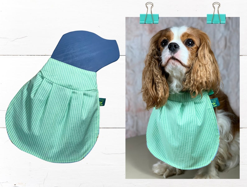 Reversible Dog Bib Slips on Collar GREEN STRIPES Pleated Bib: Dog Drool Bibs Catch Drool, Soft & Raw Fed Dogs w/ Dog Drool a Drool Rag Pleated Bib; No Name