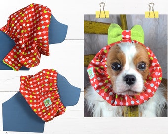 Adjustable Dog Snood RED WITH DOTS: Protect Long Ears while Eating/Walking, Show Dog + Cavalier King Charles Spaniel Snood for Holiday