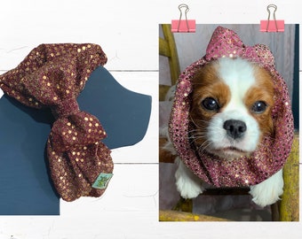 FANCY Adjustable Dog Snood : Lightweight Rose Gold Sparkle Sequins- Protect Long Ears while Eating, Show Dog + Cavalier King Charles Spaniel