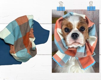 FLANNEL: Adjustable Dog Snood or Winter or Fall Dog Scarf in Large ORANGE BLUE Plaid- Protect Long Ears like Cavalier King Charles Spaniel