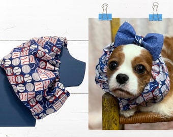 Adjustable Dog Snood: PATRIOTIC BASEBALL SPORT Snood Protects Long Ears while Eating, Show Dogs/Cavalier King Charles Spaniel Snood