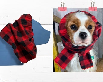 FLANNEL: RESTOCKED Adjustable Dog Snood or Fall / Winter Dog Scarf in Red + Black Christmas Holiday Plaid- Cavalier King Charles Spaniel