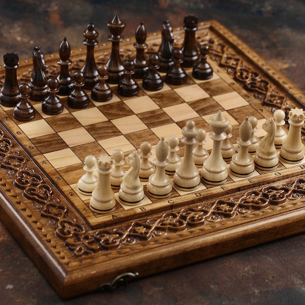 Hand carved Chess Set, Unique Wooden Chess Set