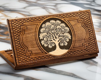 Handmade Beech Wood Backgammon Set with Carved Tree, Personalized Gift