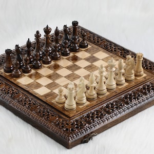 Carved Chess Set, Wood Chess Board, Personalized Birthday Gift