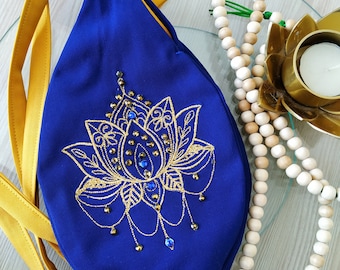 Lotus and Peacock feather embroidered Japa mala beads bag. Prayer bag with crystals.Meditation bag. Bag for practice Maha mantra. Vaishnavis