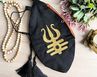 Embroidered Shiva triden and Personalized Japa mala beads bag. Prayer bag. Meditation bag. Bag for practice Maha mantra. Shaivism tradition.