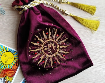 Tarot bag. Case for tarot cards. Personalized embroidery silk velvet pouch for tarot. Sun moon tarot  embroidery with Swarovski crystals.