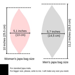 May include: Diagram showing the size of a japa bag. The pink bag is 10 inches (25.5 cm) tall and 5.1 inches (13 cm) wide. The gray bag is 11.2 inches (28.5 cm) tall and 5.7 inches (14.5 cm) wide. Text indicates sizes for women's and men's bags.