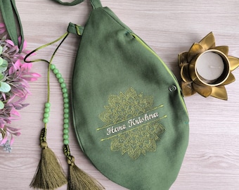 Green khaki Japa mala beads bag. Prayer bag. Meditation bag. Embroidered mandala japa bag. Maha mantra bag. Vaishnavism.