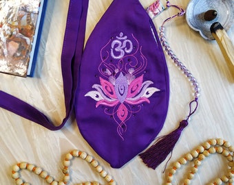 Purple Japa mala beads bag with counter. Prayer bag. Embroidered Lotus and Lakshmi mantra japa bag for womens. Vaishnavism tradition bag.