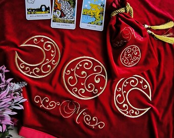 Tarot bag and tablecloth. Embroidered tarot case. Personalized embroidery silk velvet pouch for tarot. Embroidery tablecloth for tarot.
