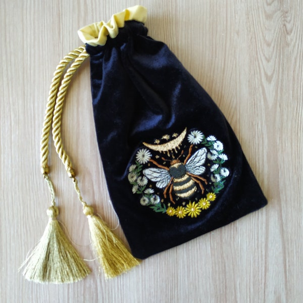 Tarot bag. Honeybee Case for tarot cards. Personalized embroidery silk velvet pouch for tarot.
