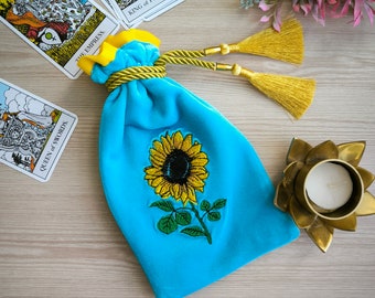 Tarot bag.  Embroidered sunflower and name. Bag for tarot cards or chakra stones. Personalized embroidery silk velvet pouch for tarot.