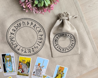 Runic circle Tarot set. Embroidered tarot cloth and bag. Runic circle linen tablecloth for tarot. Embroidery tablecloth for tarot.