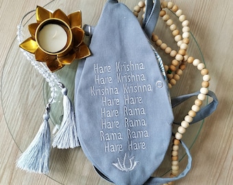 Grey Japa mala beads bag. Prayer bag with bead counter. Embroidered Tilak and Hare Krishna Maha mantra bag. Vaishnavism tradition bag.