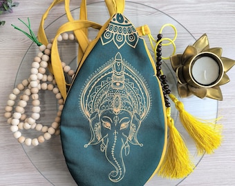 Ganesha print dark green Japa bag. Prayer bag. Meditation bag.  japa bag. Maha mantra bag. Hare Krishna mantra bag with counter.