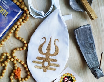 Embroidered Shiva triden and Personalized Japa mala beads bag. Prayer bag. Meditation bag. Bag for practice Maha mantra. Shaivism tradition.