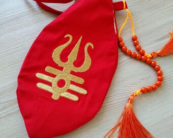 Embroidered Shiva triden and Personalized Japa mala beads bag. Prayer bag. Meditation bag. Bag for practice Maha mantra. Shaivism tradition.