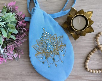 Light blue Japa mala beads bag with counter. Prayer bag. Embroidered Golden Lotus and mandala Hare Krishna japa bag. Vaishnavism tradition.